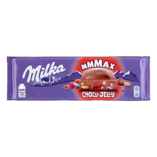 Csokoládé MILKA MMMax ChocoJelly meggyes zselédarabos-cukordrazsés 250g